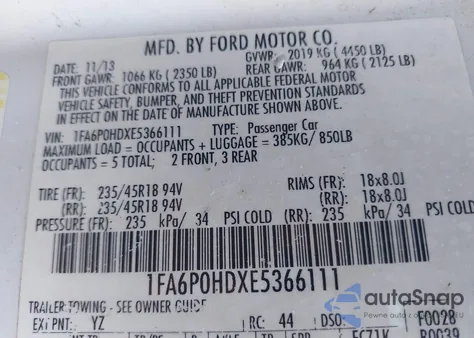 2014 Ford Fusion Se из США, поврежденный, VIN 1FA6P0HDXE5366111